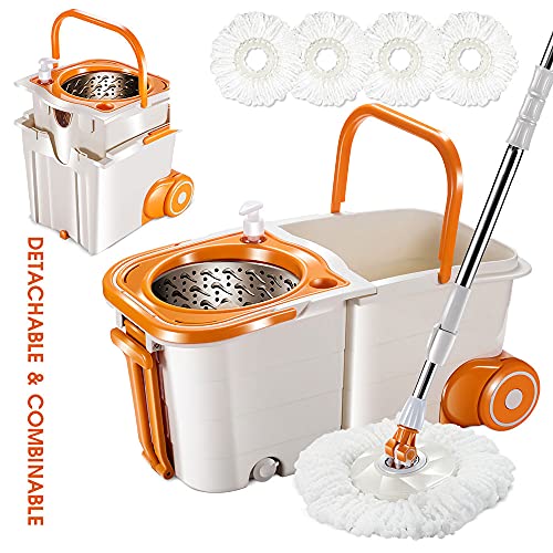 Masthome Mop and Bucket Set with 4PCS Replacement Mop Heads Magic 360° Spin Mop on Wheels with Stainless Steel Pole Space Saving Bucket for Hardwood Floor Cleaning Masthome