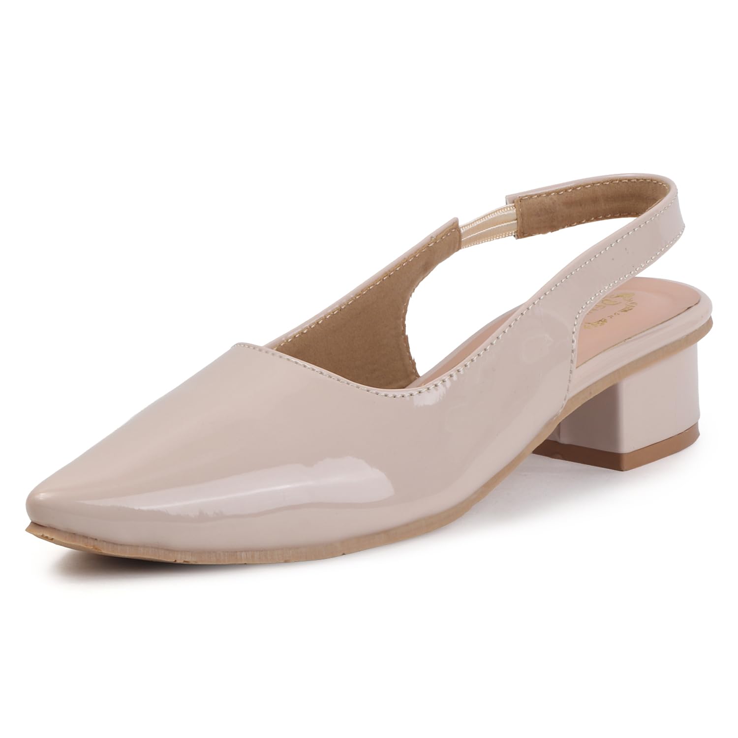 Women's Patent Slingback Block Heels Pointed Toe, Glossy Finish, Elegant Cutout Strap Sandal With Non Slip Sole