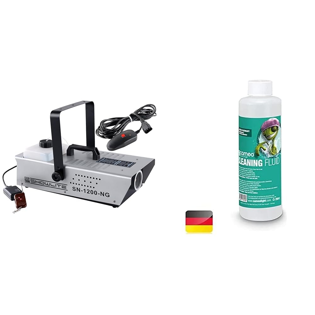 Showlite SN-1200 Nebelmaschine (1200W, 500m³ Nebelausstoß/min, 7 Min. Aufwärmzeit) inkl. Funk Fernbedienung & Cameo Cleaning Fluid Reinigungsfluid 250ml
