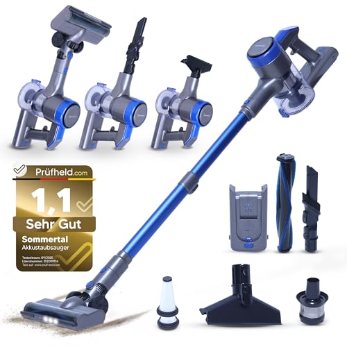 Sommertal Akku Staubsauger VARIO150 | 3in1 Gerät | 3-Stufen Turbosauger mit 45min Laufzeit und Schnellladen | für 300m² | Teppich Hartböden Tierhaare | LED Akkustaubsauger Stabstaubsauger | Kabellos