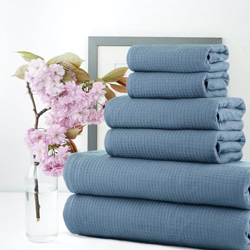 Image of Casa Copenhagen, Egyptian Cotton - Waffle Terry Towel 6 Piece Set, Includes 2 Bath Towels 2 Hand Towels 2 Washcloths - Dusty Blue