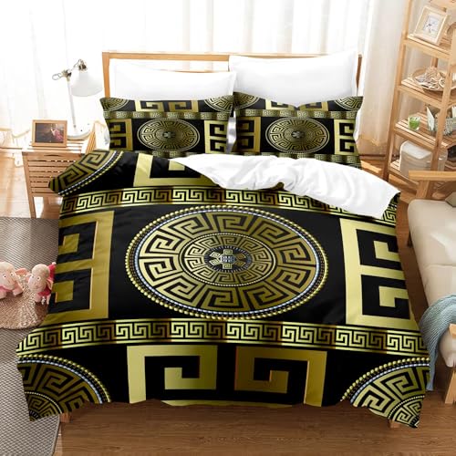 Juego de Ropa de Cama de Lujo en 3D con diseño de Llave Griega y diseño de meandro en Negro y Dorado, tamaño Queen y King, Colcha geométrica Moderna (90 x 190 cm)