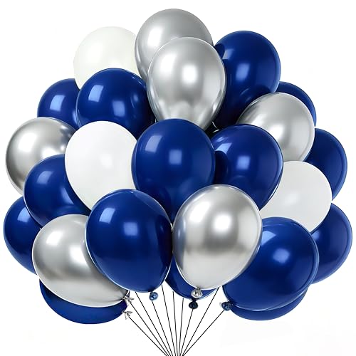 Yehnda Ballon Bleu Marine Argenté Blanc, 60 Pcs 12 Pouces Ballons Anniversaire Bleus pour Mariage Baptême Baby Shower Fête Retraite Graduation Cérémonie