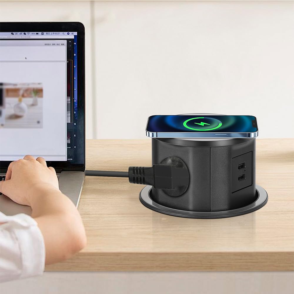 XIIW Multiprise Encastrable 3 Prises [Type F] + 15W Chargeur sans Fil Qi & USB-A – 3680W/16A – ABS Ignifuge avec Sécurité Enfant – Prise de Table pour Bureau, Plan de Travail et Cuisine, 1,8m Câble
