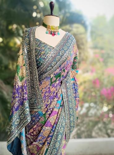 Image of Women's Blue Green Pink Multicolored Ajrak Digital Prined Real Mirror And Latkan Worked Saree With Blouse