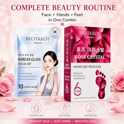 Image of FACIAL KIT (BEOTKKOT Korean Glass Facial Kit (10-Step) + Rose Crystal Manicure Pedicure Kit (6-Step) Combo)