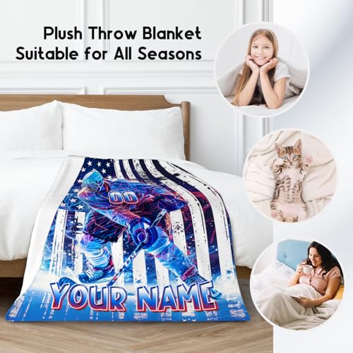 Hockey Blanket, Personalized Boys Blanket, Custom Ice Hockey Gifts for Sports Lovers, Cozy Flannel Throw for Adults, 60"x80"