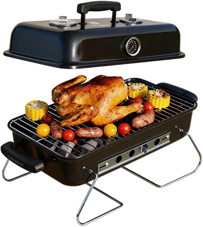 Churrasqueira Portatil Carvao LONYAN Inox 304 Termometro Dobrave Estável Fácil Limpar Para Camping Resistente Externa Praia Jardim