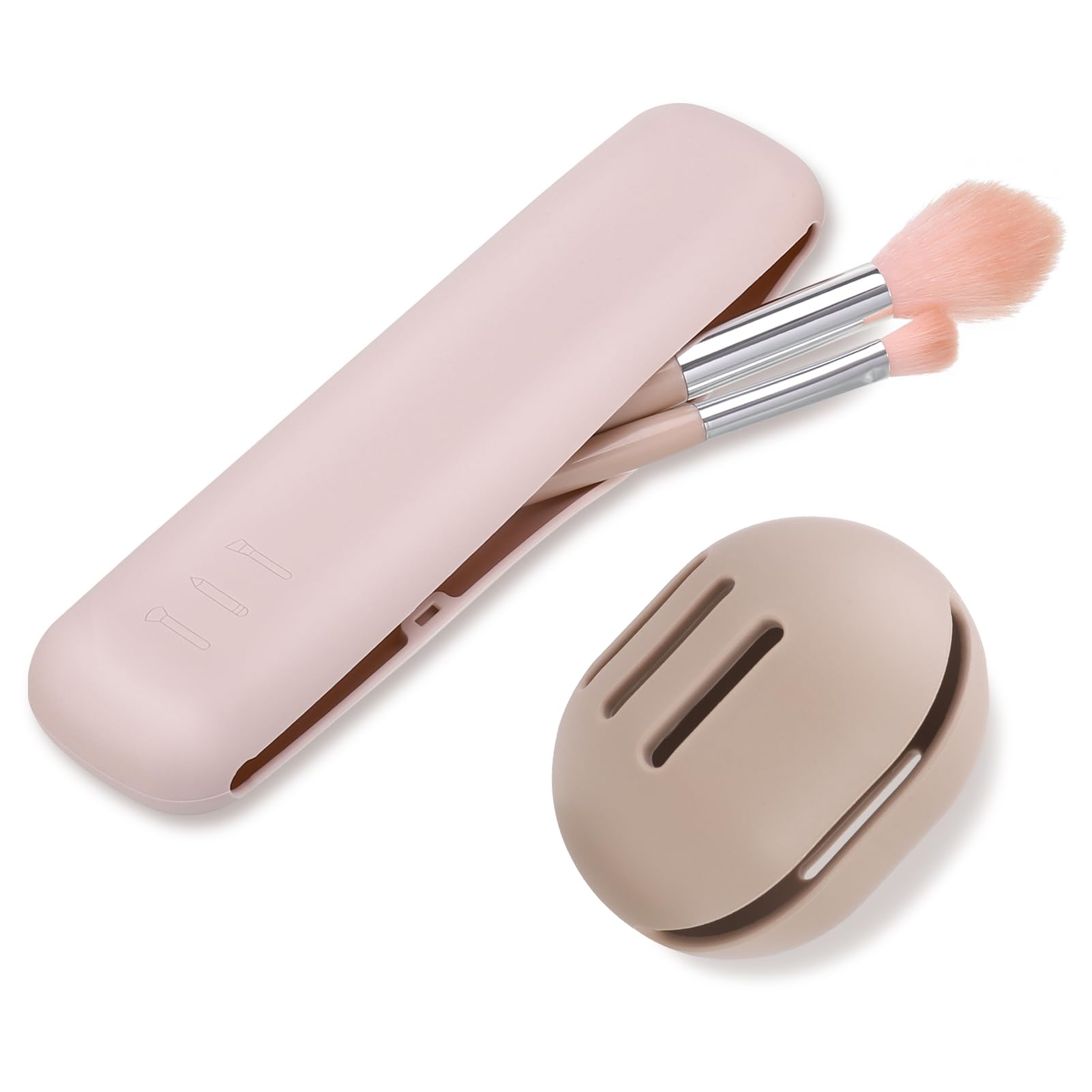 2Pcs Travel Makeup Brush Holder Set, Silicone Travel Makeup Brush Organiser with Makeup Sponge Holder, Portable Cosmetic Face Brushes Holder with Magnetic Spots Makeup Brush Travel Case for Women Girl