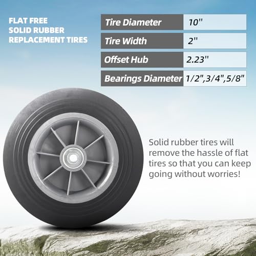 AR-PRO (2-Pack) 10'' x 2'' Flat Free Solid Rubber Tire and Wheel, 3/4" & 5/8" & 1/2" Axles Bore Hole with 2.23" Offset Hub, Replacement 10 Inche Wheel for Dolly Hand Trucks and Wheelbarrows - Thumbnail 2