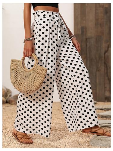 GORGLITTER Women's Polka Dots Wide Leg Belted Pants Elastic Waist Vacation Summer Beach Trousers4
