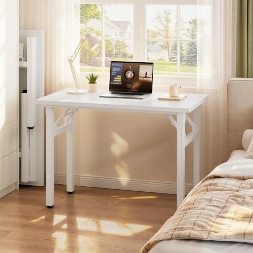 Image of Need 35.8 Inch Folding Desk for Small Spaces, Home Office Computer Desk with Wood Top & Black Frame, Foldable Writing Table for Study, Bedroom, Dorm Room & Student, White