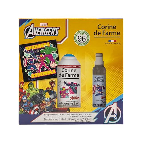 Corine de Farme - Coffret Avengers : Eau Parfumée 150ml + Gel Douche 2en1 300ml + Serviette Microfibre - Parfum Boisé, Ingrédients Naturels, Peaux Sensibles