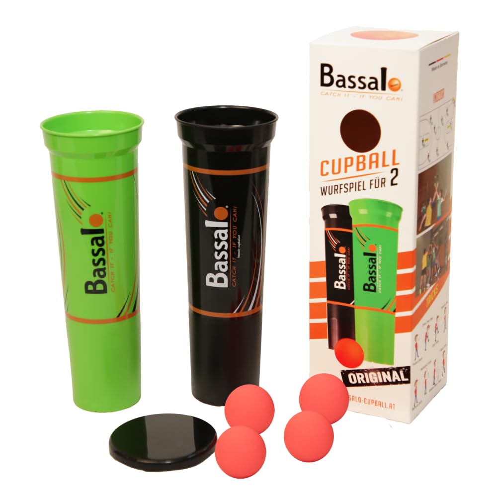 BASSALO Cupball - Starter Set Plus for 2 Players - Outdoor Ball Sports Game for Children, Teens and Adults - 2 Cups, 4 Balls