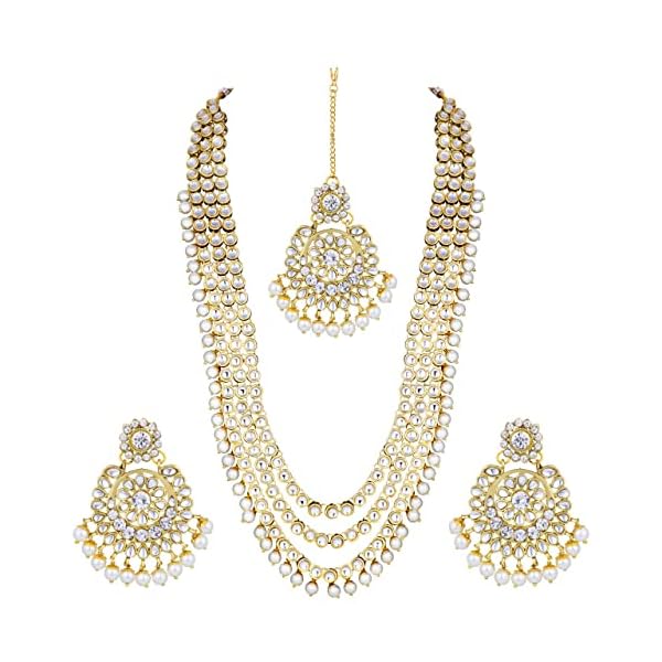 Aheli Indian Ethnic Wedding Faux Kundan Beaded Bridal Long Necklace Earrings with Maang Tikka Traditional Jewellery Set for Women
