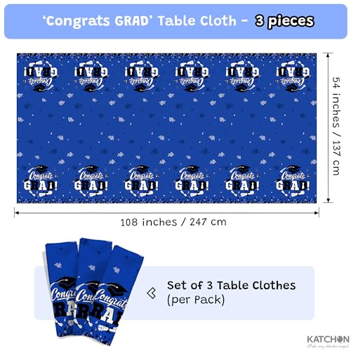 Image of Graduation Tablecloth, Graduation Decorations 2026, Pack of 3, 54 x 108 Inches, Plastic Graduation Table Decorations 2026, Disposable Rectangle Blue Black Table Cover, Congrats Grad Table Cloths