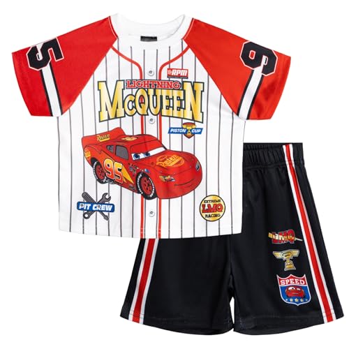Disney Cars Lightning McQueen Toddler Boys Mesh Baseball Jersey Athletic T-Shirt and Shorts Outfit Set White/Black 4T