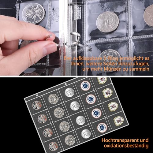 JUNDUN Feuerfestes Münzsammelalbum für Sammler, 260 Taschen Münzsammelbuch mit Reißverschlüsse, Münzsammelorganisator Aufbewahrungsbox Album für 20/25/27/30/38mm Münzen(schwarz)