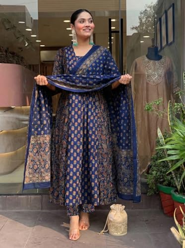 Image of ANNI Designer Women's Viscose Printed A-Line Kurta Set with Pant and Dupatta | Ethnic Wear Dress | V-Neck | 3 /4 Sleeve Indian Traditional Outfit for Women