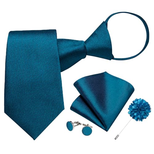Image of DiBanGu Mens Zipper Tie Silk Pre-Tied Necktie with Gift Box | Jacquard Woven,Paisley Solid Plaid Pattern,6PCS with Pocket Square,Cufflinks and Lapel Pin,for Wedding Party Formal Business