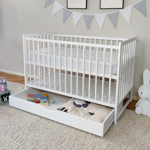 Kids Collective Babybett Kinderbett 60x120 cm Gitterbett Baby Bett Komplett-Set Beistellbett mitwachsend, Lattenrost höhenverstellbar mit abnehmbaren Sprossen, mit Schublade | Kiefer-Vollholz | weiß