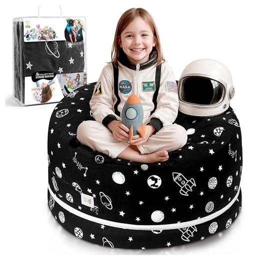 Stuffed Animal Storage Bean Bag Chair Cover for Kids & Adults | Washable XL Stuffie Seat | 100% Cotton | Pouf Organizer for Plush Toys, Linens, Quilts & Pillows | Space Explorer
