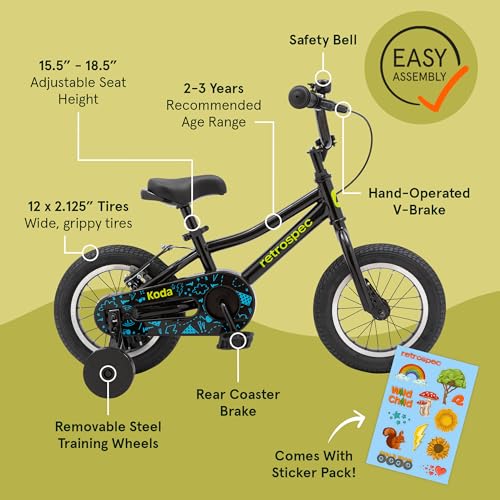 Image of Retrospec Koda Plus Kids Bike for Boys & Girls Ages 2-3 Years - 12 inch Children's Bicycle, Adjustable Seat & Handlebars, Removable Training Wheels, Front Hand Brakes, Rear Coaster Brake & Safety Bell