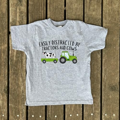 Easily Distracted By Tractors And Cows Country Beige Gray Toddler And Youth Shirt3