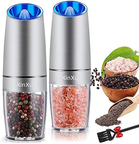 Gravity Electric Salt and Pepper Grinder Set, Automatic Pepper and Salt Mill Grinder,Battery-Operated with Adjustable Coarseness, Premium Stainless Steel with LED Light, One Hand Operated