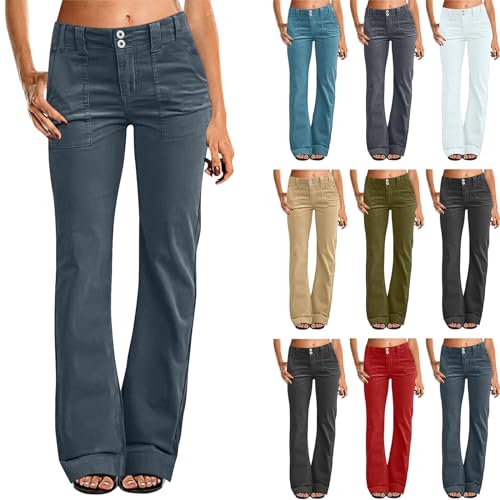 Women Stretch Twill Wide Leg Pants Casual Straight Leg Chino Pants High Waisted Dressy Flare Pants with Pockets