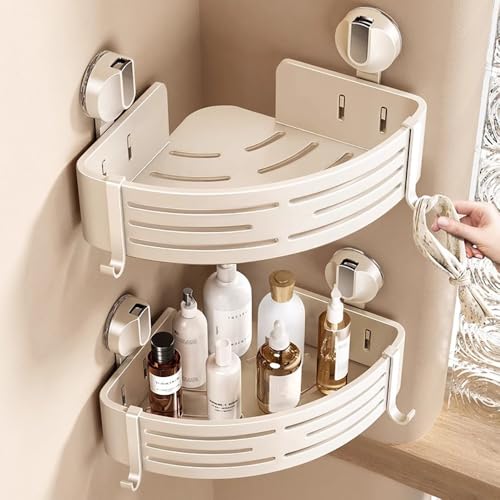 LNGFSH 2 Piezas Estante Baño Ventosa Sin Taladro, Estanteria Ducha Acero al Carbono Rinconera, Estante Ducha para Almacenamiento Champú Gel Ducha Jabonera, Accesorios Ducha (Beige)