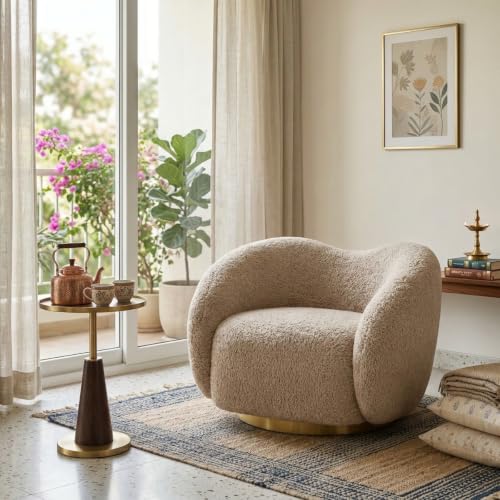 Image of Kingsman Furnitures Brok Swivel Luxury Accent Arm Chair 360 Degree Rotatable Sofa for Home | Bedroom, Living & Drawing Room | Ultra Soft and Comfortable for Lounge (Canaberra Boucle, Non-Swivel)