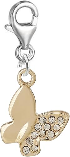 Sexy Sparkles Mariposa con diamantes de imitación transparentes Clip en colgante de encanto para joyería europea con cierre de langosta, Aleación de