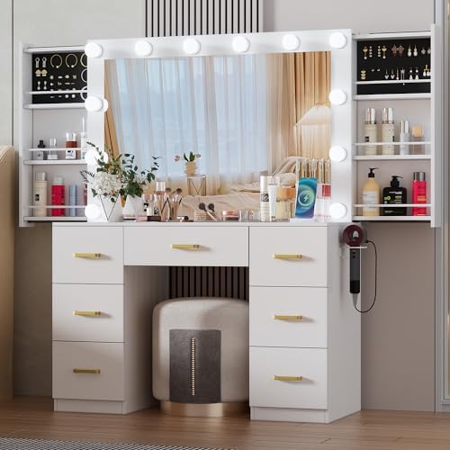 Elegant makeup vanity desk with 3 modes Adjustable Lighted Mirror,modern dressing table set with large shelves, drawer and canbinet,Walnut