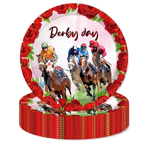 24Pcs 7\" Horse Racing Party Plates-Kentucky Derby Decorations Run for The Roses Horse Paper Plates Horse Race Kentucky Derby Party Paper Plates for Horse Racing Party Kentucky Derby Party Supplies