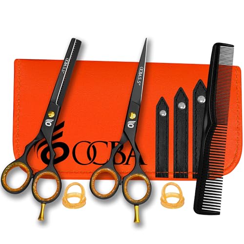 Tijeras de peluquería OCBA profesionales de 5,5 pulgadas – Diseño perfecto para peluqueros y salones – Para corte de pelo de hombres y mujeres (juego negro de 5,5 pulgadas)