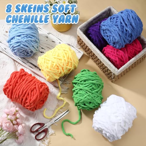 Image of Buryeah Chunky Chenille Yarn for Crocheting Soft Thick Fluffy Yarn for Hand Knitting Bulky Velvet Blanket Plush for Weaving DIY Crafts Each 3.5 oz 55 Yards(Bright Colors,8 Pack)
