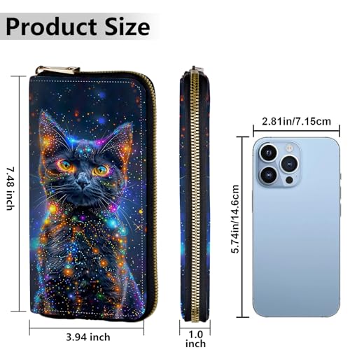 Image of Women's Wallets,Credit Card Holder Money Leather Long Wallet with Wristlet,Large Capacity with Zip-Around Phone Purse for Women Ladies Girls,Luminous Black Cat