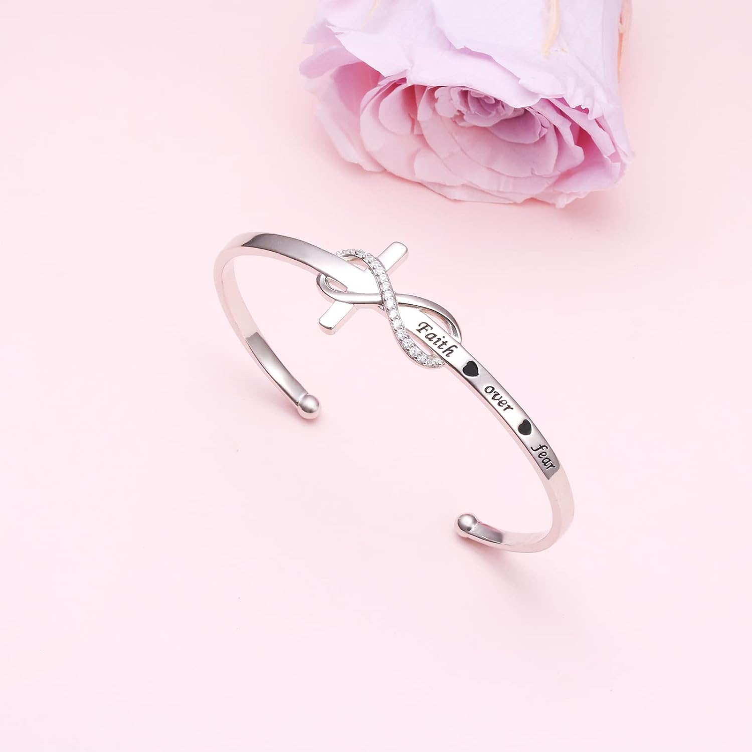 Yearace 925 Sterling Silver Engraved Faith Over Fear Heart Infinity Cross Charm Cuff Bangle Bracelet Sideways Cross Bracelet Bible Verse Religious Gift for Women Catholic - Image 2