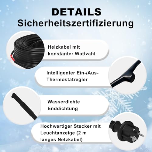 HEATIT JHSD 8m Rohrbegleitheizung mit Thermostat Frostschutz für Wasserleitungen oder Pflanzen, eisfrei Heizleitung 17W/m 230V IP65