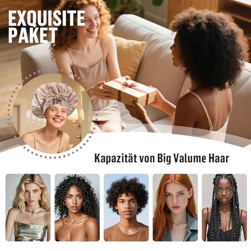Galsangflower Doppelseitige Satin Schlafhaube mit Band, Doppelschichtige Seidenhaube für Lockiges & Langes Haar, Extra Große Haube für Nächtlichen Haarschutz, Champagner