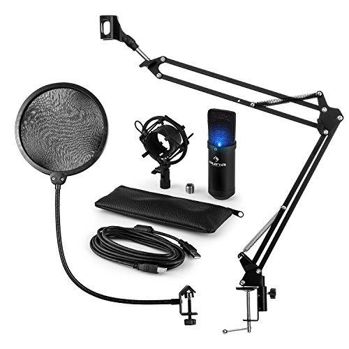 AUNA MIC-900B-LED Set Microphone V4 USB condensateur - Filtre Anti Pop, Kit en 3 Parties, Perchette de Micro, Installation Simple, Composants Plug & Play, Poids réduit pour Transport, Noir