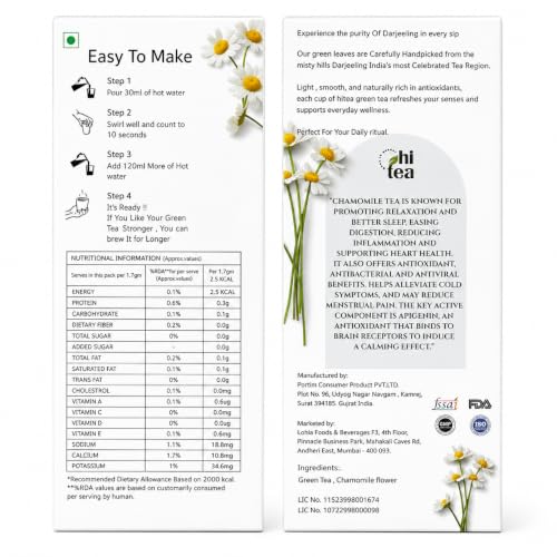Image of HI TEA Chamomile Green Tea | Just Add Hot Water | Instant Green Tea Cups | 8 Cups /Box