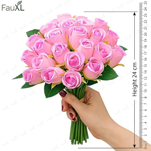 Image of Set of 24 Pcs Artificial Rose Flowers Bunches for Vase - Home Decoration Gift Items for Living Room Corner Table Top Bedroom Wedding (Pot Not Included) - 24 CM (Pink-Purple)