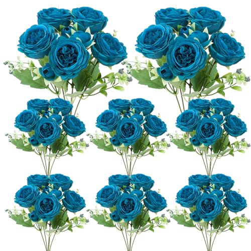 Image of 8 Pack Teal Peonies Artificial Flowers, Faux Floral Fake Silk Hydrangea Bouquet for Bridal Wedding Home Table Decor Reusable Dining Opening Ceremony Birthday Arrangement