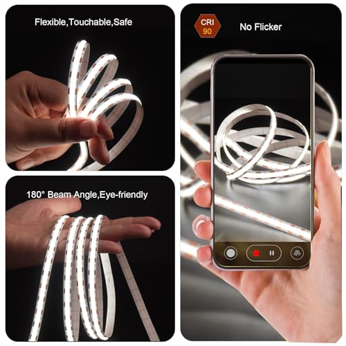 Fosingut USB COB LED Strip Light 2m,5V 960 LEDs TV Backlight 6500K Cool White,CRI90+ Dimmable Flexible Under Cabinet Kitchen Light,8mm COB LED Tape Lights for Mirror,Wardrobe,Bedroom,Home DIY Lighting - Image 3