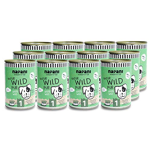 napani - Premium Hundefutter nass, 100% Wildfleisch, glutenfreies, getreidefreies Nassfutter aus der Dose, Barf-Fleisch, schonend dampfgegart, artgerecht, 12 x 400g