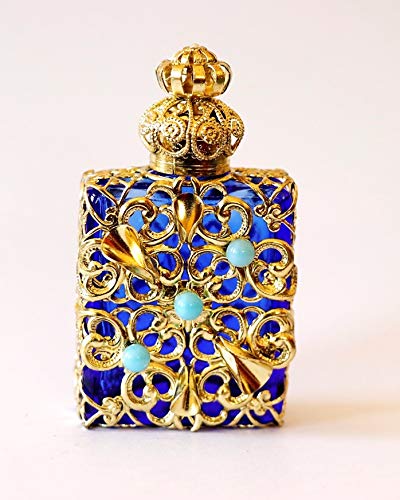 Flacons Parfum de Luxe. Un Savoir Faire Artisanal de Plus de 150 Ans. Flacon en Verre Bleu Marine et filligrane dorée Perles turquoises. Haut 67 mm. Vol: 10 ML.