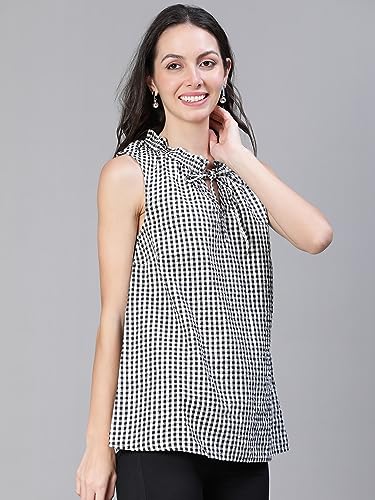 Image of oxolloxo Women Check Print Sleevless Tie Neck Cotton Top
