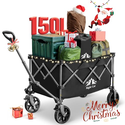 Night Cat Collapsible Wagon for Camping: 150L Garden Gart with Wheels Heavy Duty - Folding Utility Wagon for Outdoor